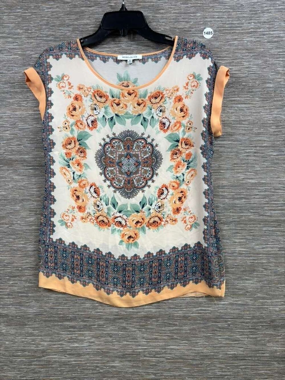 Rose + Olive Scarf Print Top Womens Size XS Multicolor Short Cap Sleeve Boho